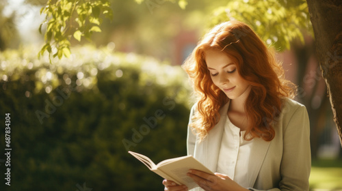 Redhead ginger caucasian businesswoman enjoying a leisurely weekend afternoon at a local park reading a book, the woman embraces moments of relaxation and connection with nature photo