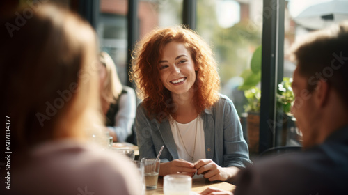 Redhead ginger caucasian business woman having a friendly lunch with colleagues at a local cafe, she engages in casual conversation, fostering a positive and collaborative atmosphere