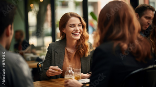 Redhead ginger caucasian business woman having a friendly lunch with colleagues at a local cafe, she engages in casual conversation, fostering a positive and collaborative atmosphere