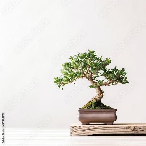 Bonsai tree in pot on wood table copy space isolated on white background advertising