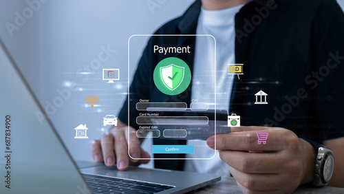 Man using smartphone online shopping and payment via mobile banking apps. financial technology, Digital banking network, internet payment and digital wallet.