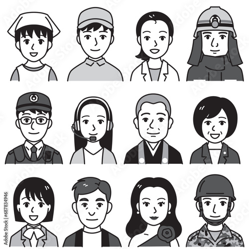 顔　色々な職業　02　白黒
