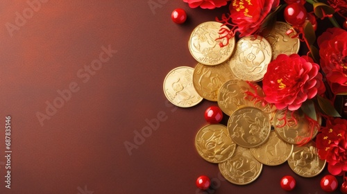 Red cherry blossoms with gold coins. chinese new year poster and banner