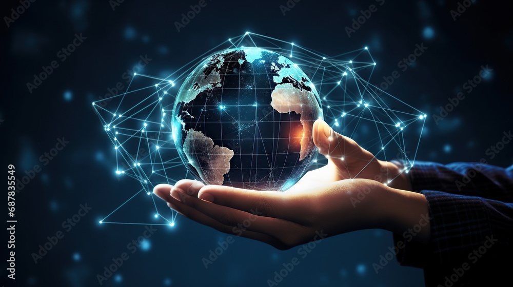 Metaverse Technology.Hand holding earth globe, Global network connection, science, innovation and communication technology. data exchange on connection technology - obrazy, fototapety, plakaty 