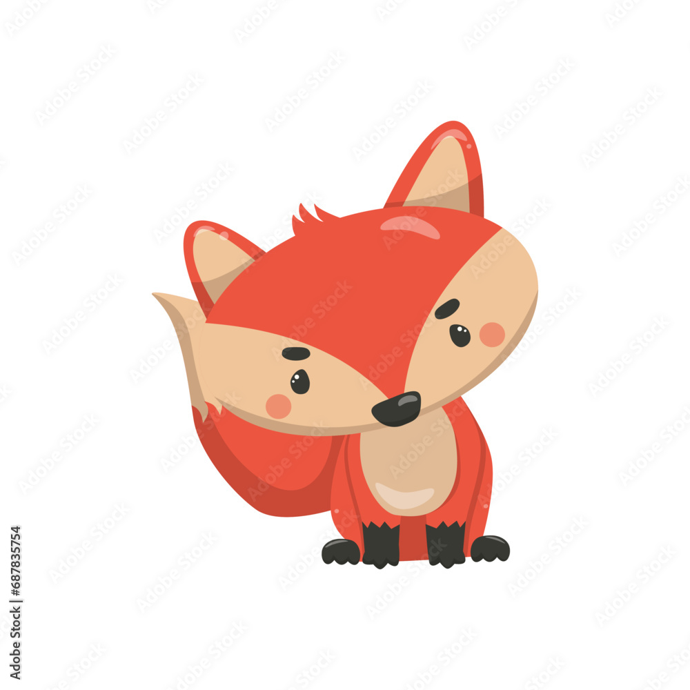 Vector clipart of a cute little fox in color, cartoon style. Woodland animal. Concept children print. For postcards and prints. Isolated image on a white background.