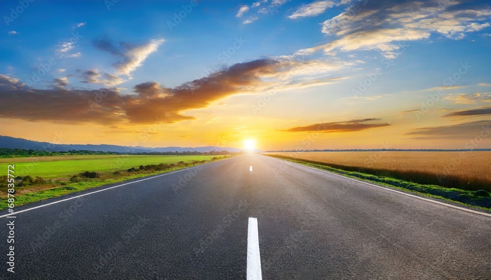 Sunset Symmetry: Empty Asphalt Road in the Rural Landscape Sunset Symmetry: Empty Asphalt Road in the Rural Landscape