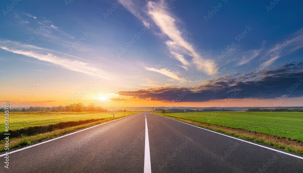 Sunset Silence: Panoramic View of an Unoccupied Asphalt Road