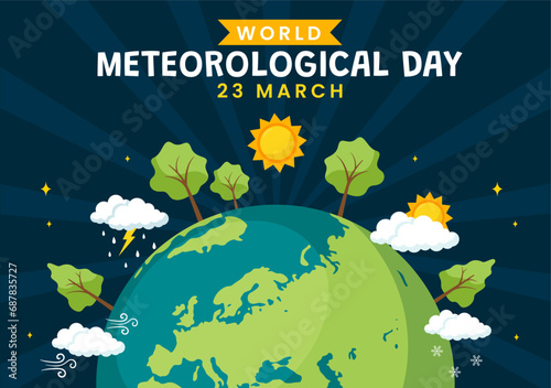 World Meteorological Day Vector Illustration on 23 March with Earth Map, Meteorology Science and Researching Weather in Flat Cartoon Background
