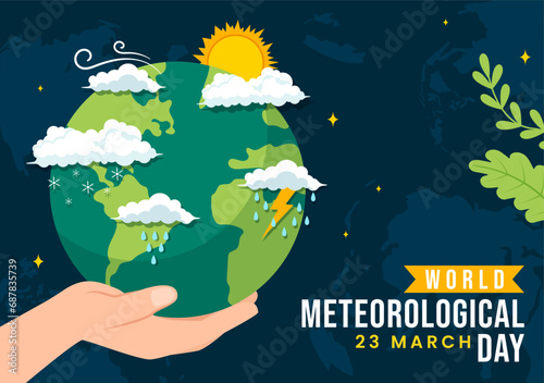 World Meteorological Day Vector Illustration on 23 March with Earth Map, Meteorology Science and Researching Weather in Flat Cartoon Background