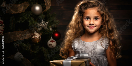 Joyful girl with golden gift box in front of Christmas tree, festive atmosphere. Generative AI
