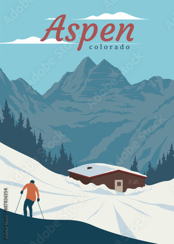 aspen colorado travel poster vintage design, aspen winter landscape illustration design photo