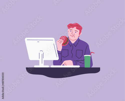 Man eating burger at the computer, cartoon flat vector illustration.