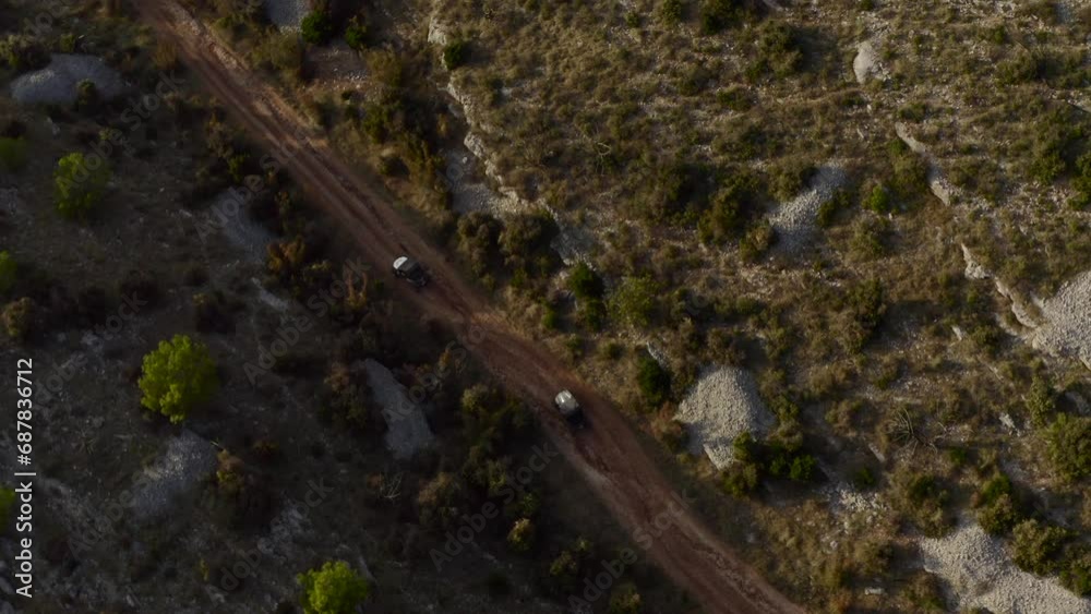 Aerial View Of Buggy Driving Off-Road Near Blaca Hermitage On Brac Island, Croatia. Aerial View Of Buggy Driving Off-Road Near Blaca Hermitage On Brac Island, Croatia.