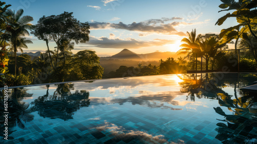 Serene infinity pool overlooking a volcanic landscape at golden hour. Nature's masterpiece. Generative AI