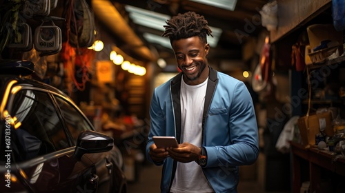 African man holding tablet in car repair shop