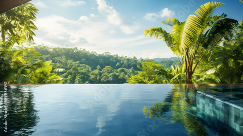 Infinity pool with lush mountain backdrop in a serene tropical setting. Wellness retreat concept. Generative AI