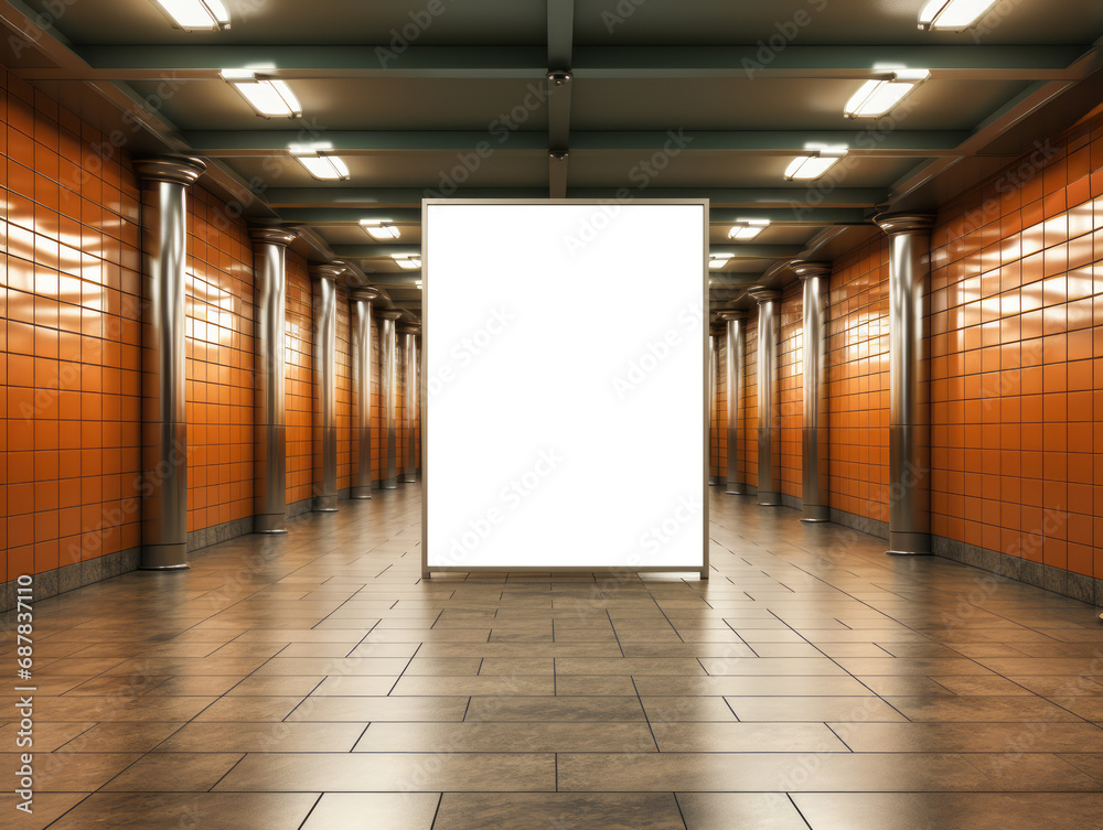 Spacious subway corridor with a prominent billboard. Public transportation and advertising concept. Generative AI Spacious subway corridor with a prominent billboard. Public transportation and advertising concept. Generative AI