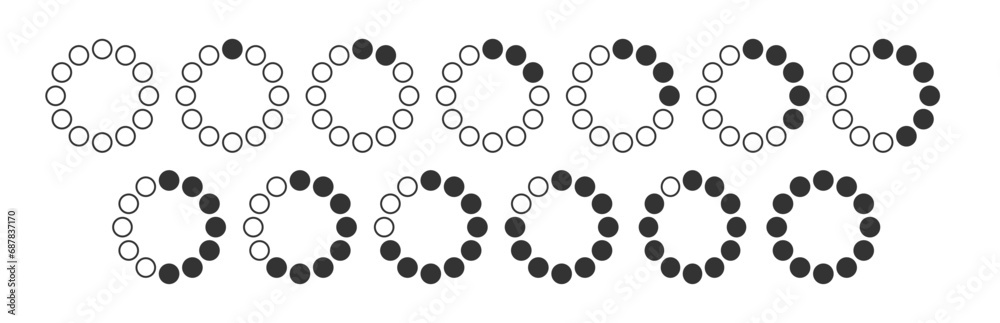 Circle dotted loading icon. Throbber icon. Progress round loader. Dotted progress time design element. Web download time symbol. Animation frames. Vector illustration isolated on the white background. Circle dotted loading icon. Throbber icon. Progress round loader. Dotted progress time design element. Web download time symbol. Animation frames. Vector illustration isolated on the white background.