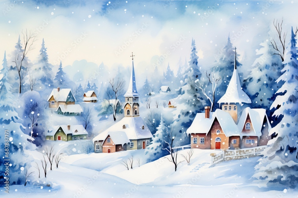 Winter village watercolor painting illustration made by generative ai