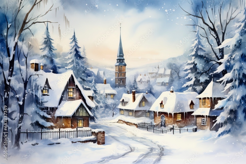 Fototapeta premium Winter village watercolor painting illustration made by generative ai
