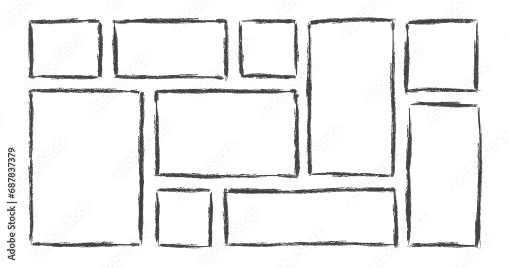 Chalk rectangle frames set. Hand drawn pencil square borders. Ink empty square stamp. Grunge black text frame. Rubber stamp imprint. Rectangle boxes. Vector illustration isolated on white background.