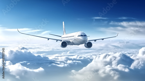 commercial airplane flying through the clouds