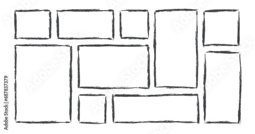 Chalk rectangle frames set. Hand drawn pencil square borders. Ink empty square stamp. Grunge black text frame. Rubber stamp imprint. Rectangle boxes. Vector illustration isolated on white background.
