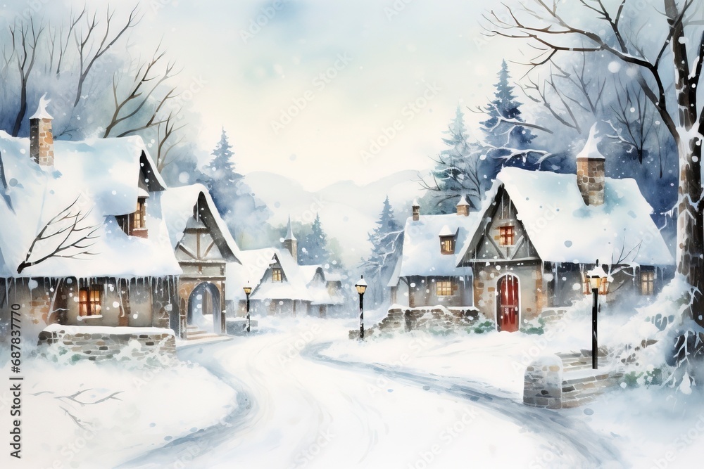 Fototapeta premium Winter village watercolor painting illustration made by generative ai