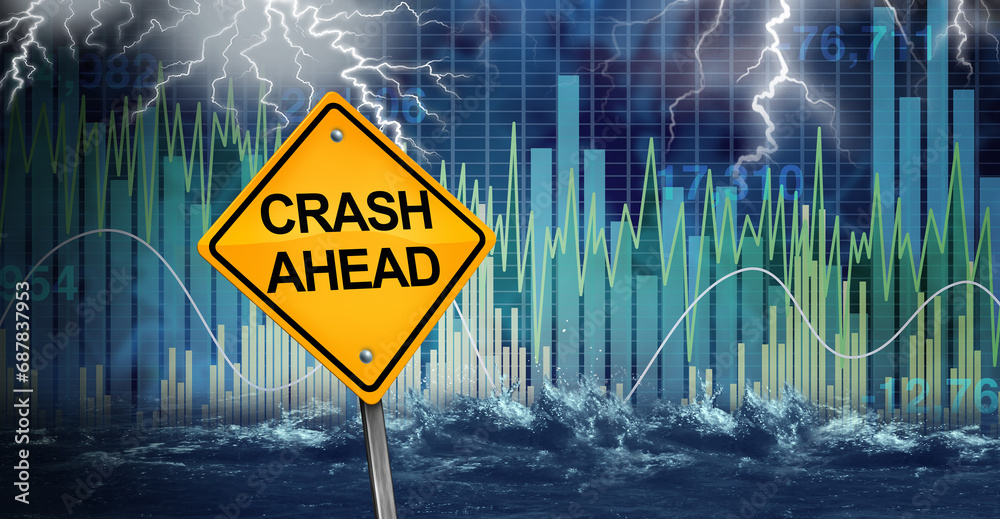 Stock Market crash warning as a Financial risk and investment danger crisis and economic storm ahead as a symbol for wealth management and finance security. - obrazy, fototapety, plakaty 