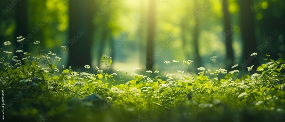 Obraz na płótnie Summer Beautiful spring perfect natural landscape background, Defocused green trees in forest with wild grass and sun beams. create using a generative AI tool  w salonie