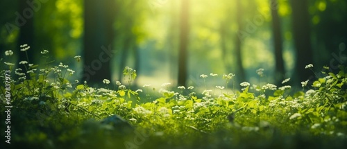 Summer Beautiful spring perfect natural landscape background, Defocused green trees in forest with wild grass and sun beams. create using a generative AI tool  © Ahtesham