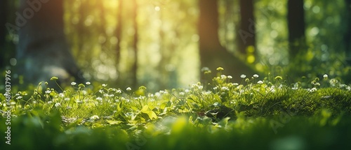 Summer Beautiful spring perfect natural landscape background  Defocused green trees in forest with wild grass and sun beams. create using a generative AI tool 