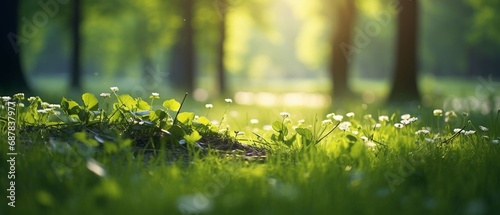 Summer Beautiful spring perfect natural landscape background, Defocused green trees in forest with wild grass and sun beams. create using a generative AI tool  © Ahtesham