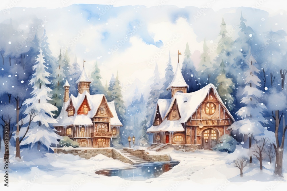 Winter village watercolor painting illustration made by generative ai