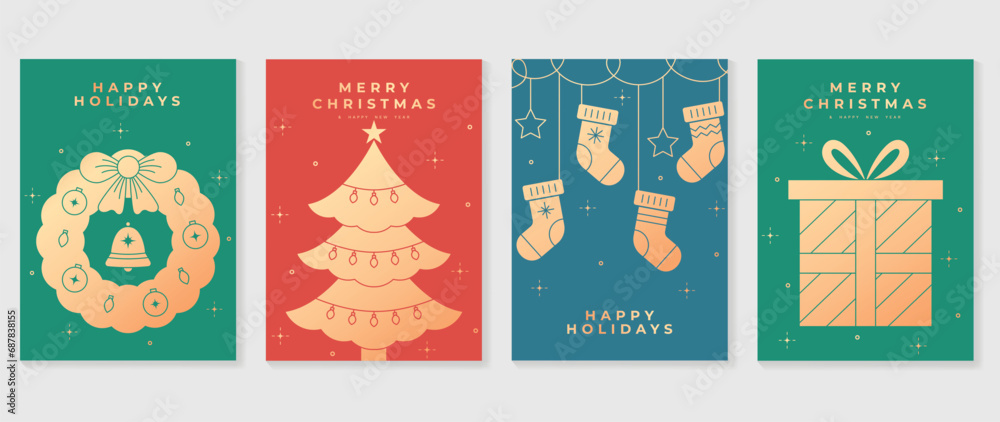 Elegant christmas invitation card art deco design vector. Luxury christmas tree, wreath, sock, gift on green, red and blue background. Design illustration for cover, poster, wallpaper.