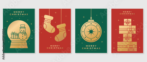 Elegant christmas invitation card art deco design vector. Luxury christmas crystal ball, snowman, sock, gift, bauble ball on green and red background. Design illustration for cover, poster, wallpaper.