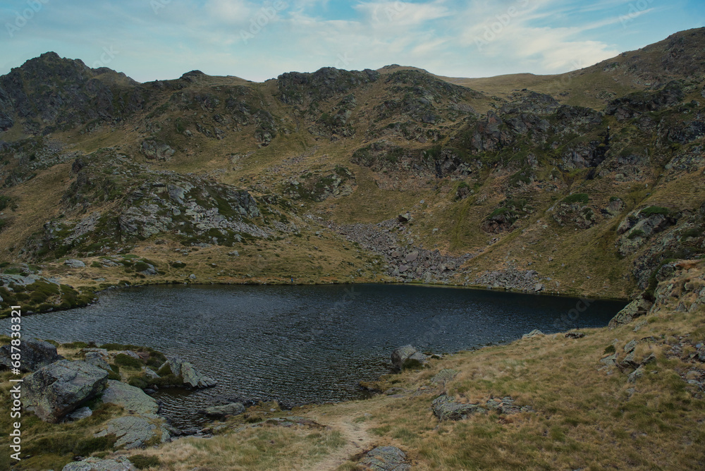 View of Creussans lake going up by chairlift to the Tristania solar viewpoint, Ordino Andorra