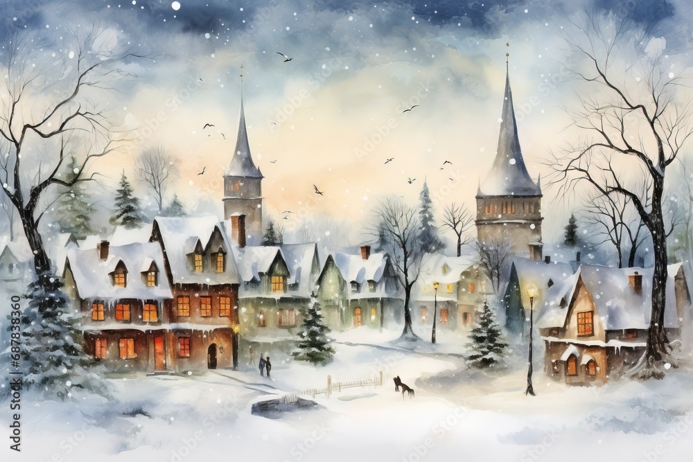 Winter village watercolor painting illustration made by generative ai