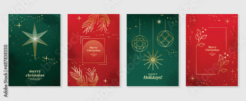 Elegant christmas invitation card art deco design vector. Luxury christmas ball, foliage, watercolor texture line art on green and red background. Design illustration for cover, poster, wallpaper.