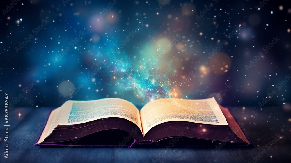 Open book with glitter overlay and beautiful universe on background - obrazy, fototapety, plakaty 