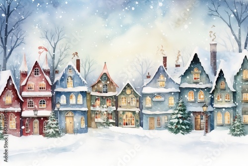 Winter village watercolor painting illustration made by generative ai