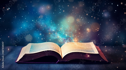 Open book with glitter overlay and beautiful universe on background photo