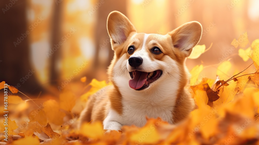 Autumn postcard with a portrait of a smiling corgi dog on a blurred colorful natural background of autumn foliage. Template, copy space. Autumn postcard with a portrait of a smiling corgi dog on a blurred colorful natural background of autumn foliage. Template, copy space.