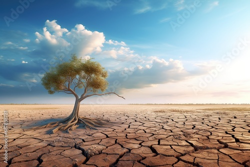 Concept or conceptual desert landscape with a green tree as a metaphor for global warming and climate change. A warning for the need to protect our environment and future