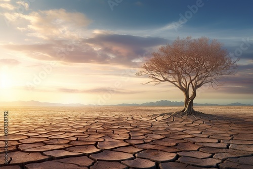 Concept or conceptual desert landscape with a green tree as a metaphor for global warming and climate change. A warning for the need to protect our environment and future