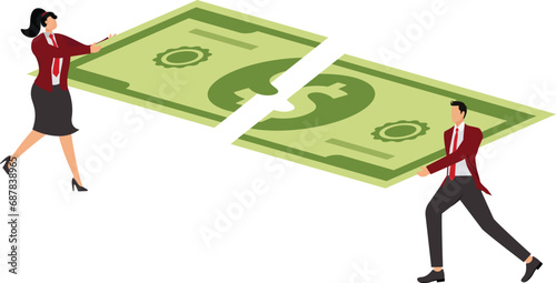 Puzzle pieces money, Businessman and businesswoman with coin puzzle