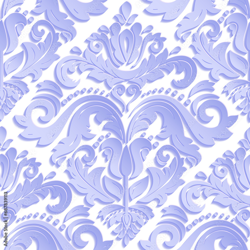 Seamless oriental ornament. Oriental traditional light blue and white pattern with 3D elements, shadows and highlights