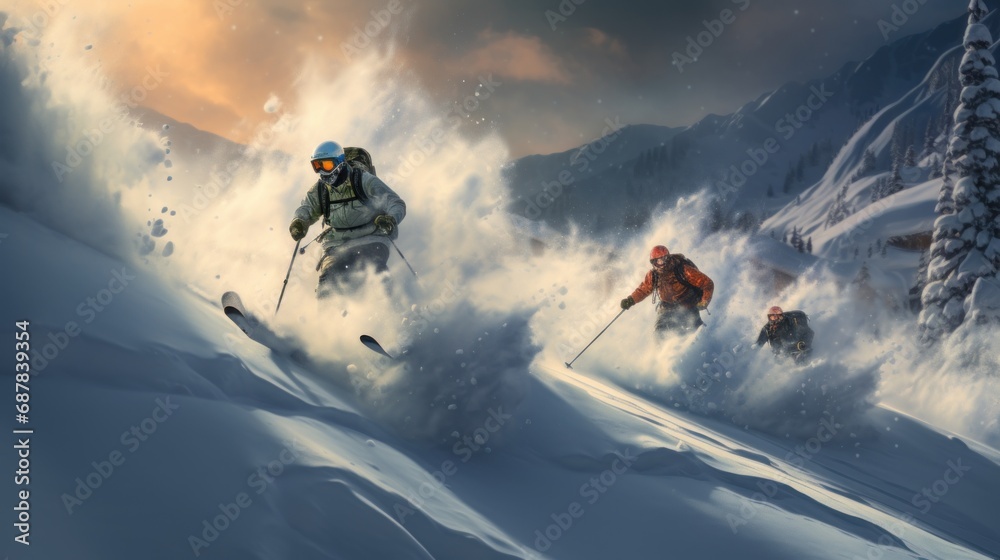 Skiers Carving Through Fresh Powder snow mountain.