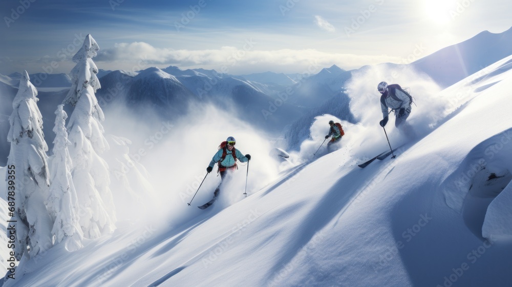 Skiers Carving Through Fresh Powder snow mountain.
