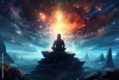 Man in meditation posture on cosmos background